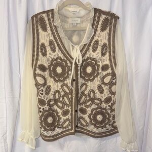 Cream and Brown Crochet Lace Vest Top
